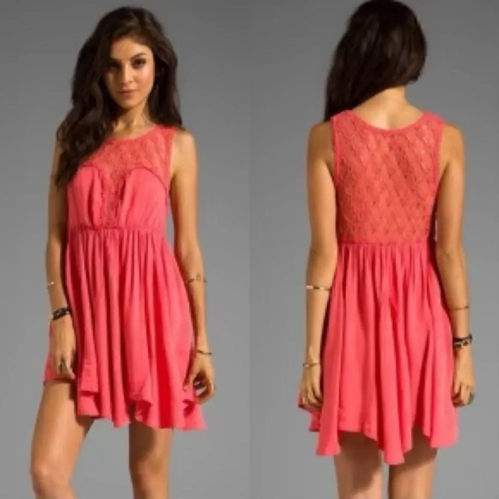 Free People Size XS Fiesta Coral Pink Crochet Lace Boho Sleeveless Mini Dress